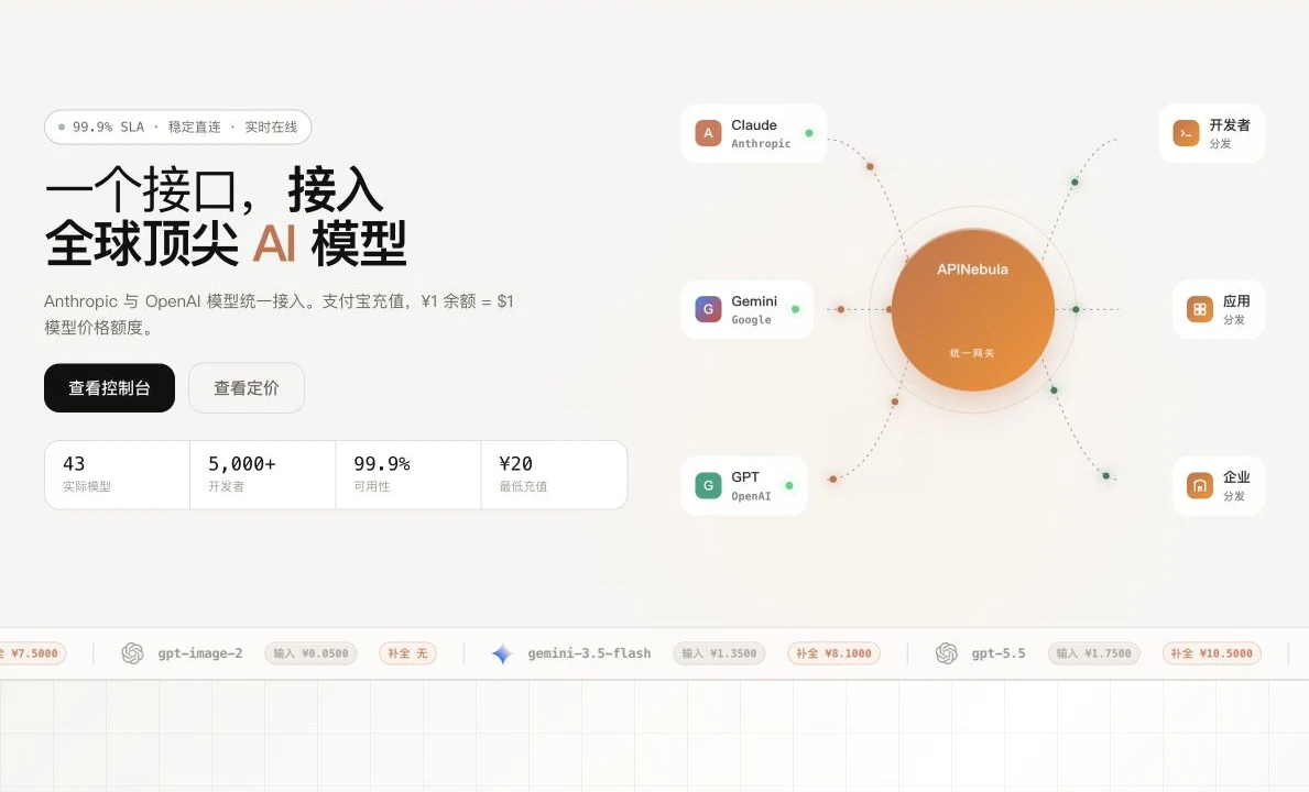 APINebula 中文官网首页，展示统一 AI API 网关及多个模型供应商